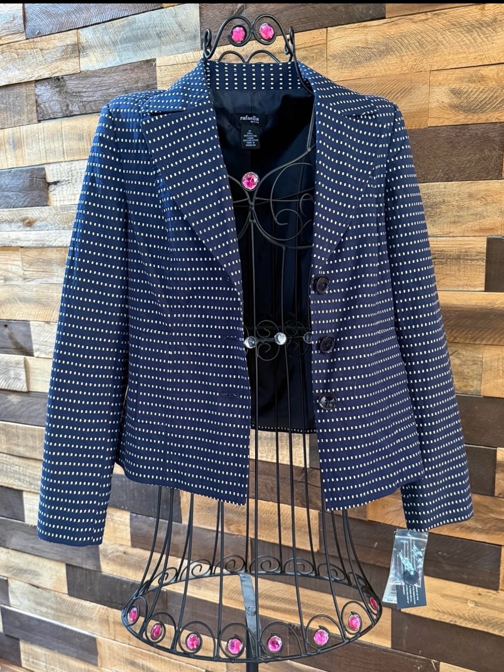 Rafaella Navy Blue & White Jacquard Dot Blazer Jacket 100% Cotton Sz 6P - Picture 8 of 10